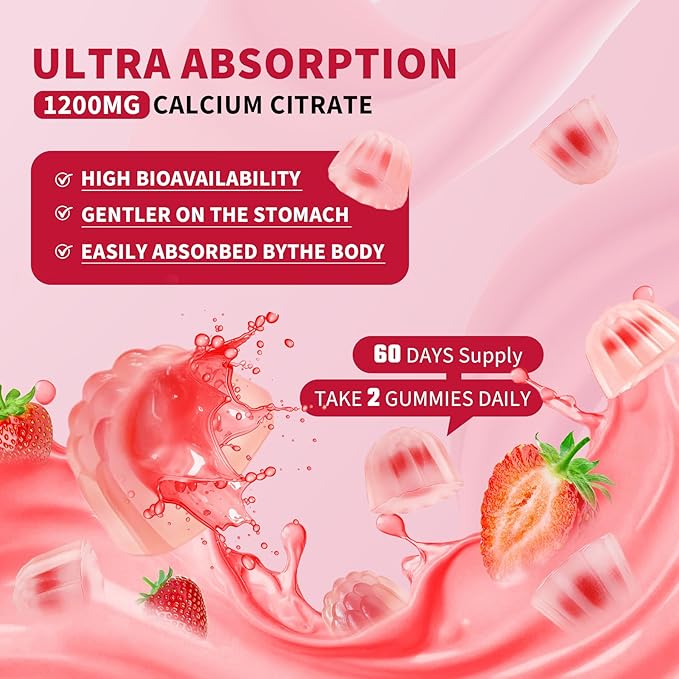 120 CT Calcium 1200 Mg with Vitamin D3 K2 Gummies for Adults,Calcium Citrate Supplements Gummies Women & Men - Calcium Gummies with Magnesium & Zinc,B6, B12- Extra Absorption Calcium Supplement