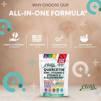 Q Defend Quercetin Supplement with Zinc Vitamin C Vitamin D Elderberry Turmeric Black Pepper Garlic Ginger Sea Moss Lysine Stinging Nettle Reishi Mushroom Immune Support 120 Capsules by Clean Nutra