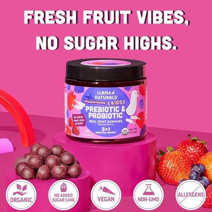 Llama Naturals Kids Probiotic with Prebiotic Fiber, Vegan, Organic Prebiotics and Probiotics Gummies for Gut Health Support, Toddler Real Fruit Gummy Vitamins, No Added Sugar Cane, Mixed Berry, 120 Ct