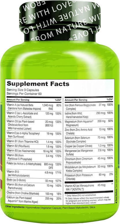 NATURELO Prenatal Multivitamin with Gentle Chelated Iron, Methyl Folate, Plant Calcium & Choline - Vegan, Vegetarian - Non-GMO - Gluten Free - 180 Capsules - 2 Month Supply