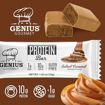 Genius Gourmet Protein Bar, Salted Caramel Keto Snack, Low Carb, Low Sugar & Gluten Free, Protein Snacks for Adults, 10G of Whey Protein per Protein Bar, 5 Net Carbs, 10 Count