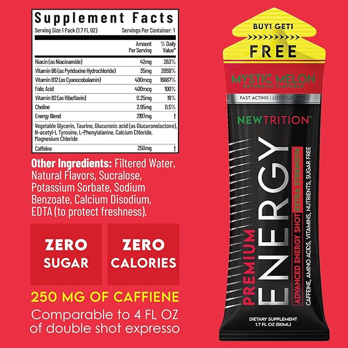 NewTrition® Extra Strength Energy Shots, 1.7 fl oz - 250mg Caffeine with Vitamin B & Amino Acids, Sugar-Free, Zero Calorie Vitamin Energy Drink for Focus & Endurance (Pack of 24, Mystic Melon)