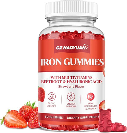 Iron Gummies for Women & Kids - Iron Supplement Gummies with Multivitamin for Blood Builder, Energy, Iron Deficiency & Anemia - Sugar Free Vegan Strawberry 60 ct