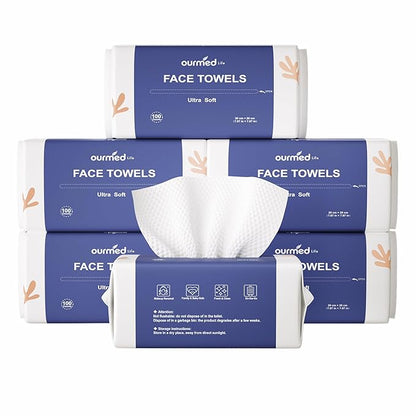 Ourmed Life Face Towels, Disposable Biodegradable Clean Facial Towels for Sensitive Skin, Lint- free Face Cloths for Makeup Remover, Skincare and Women Cleaning, Dry Wipes,600 Count Dot Texture