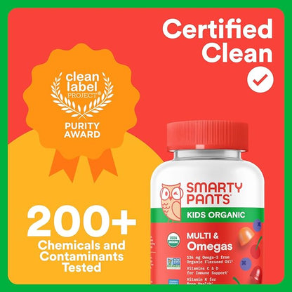 SmartyPants Organic Kids Multivitamin Gummies: Omega 3 (ALA), Beta Carotene, Vitamin B12, B6, A, K & Zinc for Immune Support, Biotin, Vegetarian, Three Fruit Flavors, 120 Count (30 Day Supply)