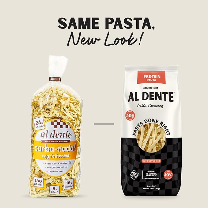 Al Dente Protein Pasta Egg & Roasted Garlic Fettuccine - 30g High Protein in 3.5oz Serving, Lower Carb. Cage-Free Eggs & Semolina. (Previously Carba-Nada, Packaging May Vary) - 10oz Bags (Pack of 2)