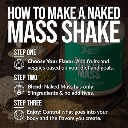 NAKED Vegan Mass - Vanilla Vegan Weight Gainer - 1,230 Calories, NSF Certified, Non-GMO, Soy & Gluten Free, No Artificial Ingredients - 8LB Bulk - 11 Servings