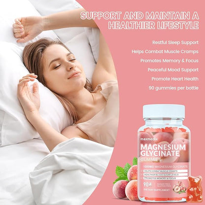 Magnesium Glycinate Gummies 1000mg, Sugar Free Magnesium Potassium Supplements Chewable for Adults with L-Threonate for Sleep, Body Support and Relaxation,90 Peach Gummies