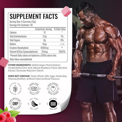 Creatine Monohydrate Gummies 6g for Men Women,Complex Creatine Monohydrate Chewable for Muscle Strength,Muscle Building,Energy Boost,Pre-Workout Energy Supplement,Vegan Raspberry - 120 Count