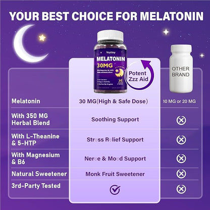 Melatonin 30mg Gummies for Adults - Sugar Free Melatonin Gummies Maximum Strength with Magnesium, B6, GABA & Botanical Blend - Non-Habit Forming,Vegan, Non GMO, Natural Mixed Berry Flavor