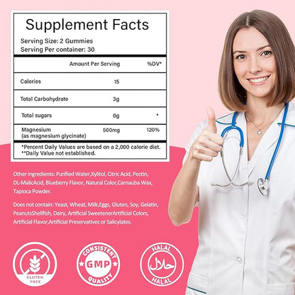 Magnesium Glycinate Gummies 500mg, Sugar-Free for Adults & Kids, Magnesium Gummy for Relaxation, Stress & Muscle Relief, Supports Bone & Nerve Health, Vegan, Pectin-Based, 60 Count, Strawberry Flavor