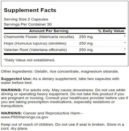 Swanson Valerian, Chamomile & Hops - Full Spectrum Herbal Supplement Promoting Relaxation & Comfort - Natural Formula Supporting Mind & Body Wellness - (60 Capsules)