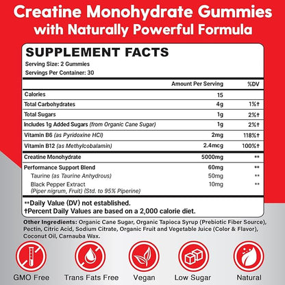 Creatine Monohydrate Gummies for Men & Women - Creatine Pre-Workout Gummies with Taurine & Vitamin B6 B12 for Maximum Strength, Muscle, Energy, Endurance & Focus, Organic, Vegan-60 Count
