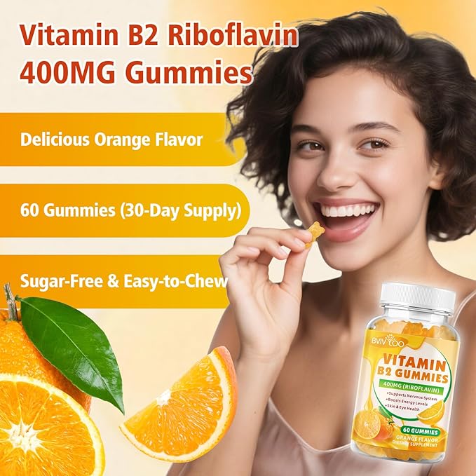 2 Pack Vitamin B2 Gummies - Riboflavin 400mg for Kids & Adults, Migraine Relief & Headache Relief, Vegan, Sugar-Free, Orange Flavor, 120 Gummies
