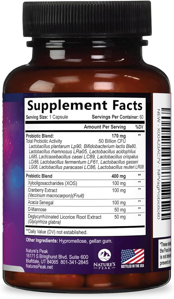 Vaginal Probiotics for Women pH Balance with Prebiotics - 50 Billion CFU - 10 Unique Feminine Strains, Cranberry & D-Mannose for Women's Probiotic Vag Health, Supplement Bottled in USA - 60 Capsules