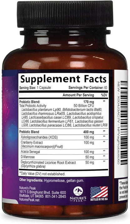 Vaginal Probiotics for Women pH Balance with Prebiotics - 50 Billion CFU - 10 Unique Feminine Strains, Cranberry & D-Mannose for Women's Probiotic Vag Health, Supplement Bottled in USA - 60 Capsules