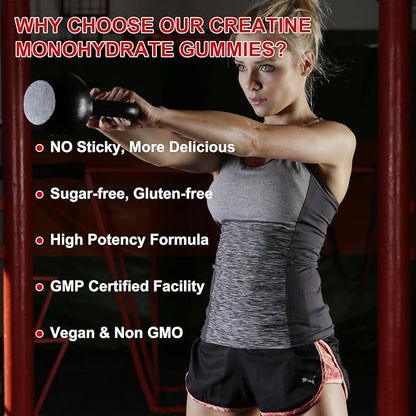 Creatine Monohydrate Gummies 5000mg – Sugar-Free, Vegan, Gluten-Free – Enhanced with Vitamin B12 & L-Taurine for Muscle Growth, Recovery & Strength – Delicious Strawberry Flavor, 60 Count