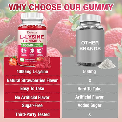 2 Pack L-Lysine 1000mg Gummies, Chewable Lysine Supplement for Lips & Skin, Immune Support, Essential Amino Acid, Non-GMO, Vegan, Gluten Free, Sugar-Free, Strawberry Flavor, 120 Count