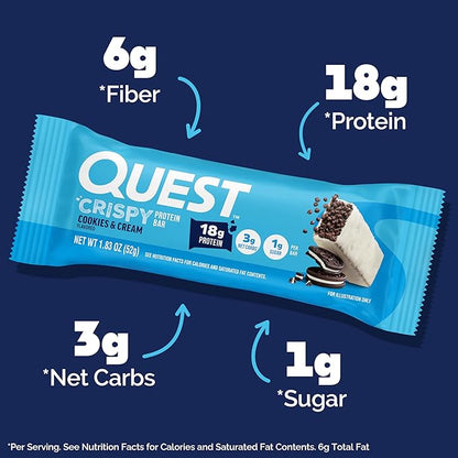 Quest Nutrition Crispy Cookies & Cream Hero Protein Bar, 18g Protein, 1g Sugar, 3g Net Carb, Gluten Free, Protein Snack, Keto Friendly, 4 Count