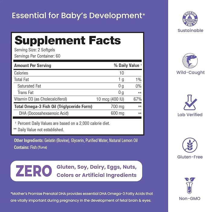 Prenatal DHA for Women 600mg + 400 IU Vitamin D3 | 120 Softgels | Supports Brain Health | Triglyceride Omega 3 Fish Oil DHA Prenatal Vitamins for Pregnancy & Nursing | 300mg per Capsule