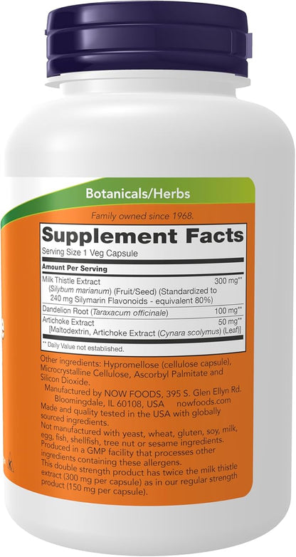 NOW Foods Supplements, Silymarin Milk Thistle Extract 300 mg with Artichoke and Dandelion, Double Strength, Supports Liver Function*, 200 Veg Capsules