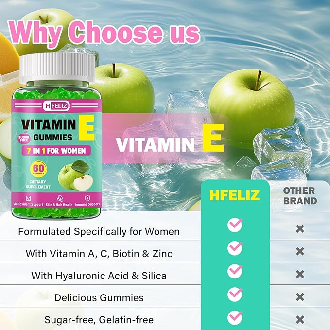 Vitamin E Gummies for Women – 400 IU (268mg) Vitamin E Supplements with Biotin & Hyaluronic Acid for Skin, Hair & Nails – Sugar Free, Vegan, Non-GMO – 60 Count
