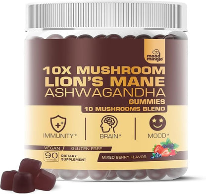 10X Lion’s Mane Mushroom Gummies for Kids Adults (4350mg) - Gluten Free Daily Supplement Complex Blend with Reishi Turkey Tail Shiitake