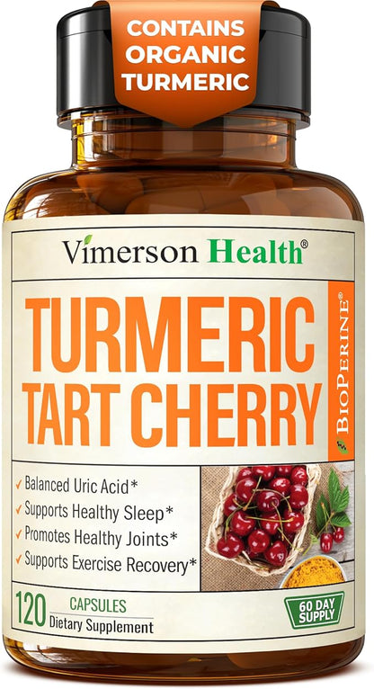 Turmeric Curcumin Supplement with 10:1 Tart Cherry Extract & Celery Seed Extract – Natural Uric Acid Balance, Joint Health & Sleep Aid – Turmeric Curcumin with Black Pepper – 120 Tart Cherry Capsules