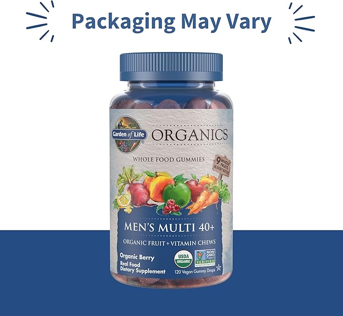 Garden of Life Organics Men 40+ Gummy Vitamins - Berry - Certified Organic, Non-GMO, Vegan, Kosher Complete Multi - Methyl B12, C & D3 - Gluten, Soy & Dairy Free, 120 Real Fruit Gummies, (Pack of 2)