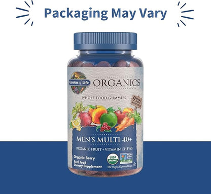 Garden of Life Organics Men 40+ Gummy Vitamins - Berry - Certified Organic, Non-GMO, Vegan, Kosher Complete Multi - Methyl B12, C & D3 - Gluten, Soy & Dairy Free, 120 Real Fruit Gummies