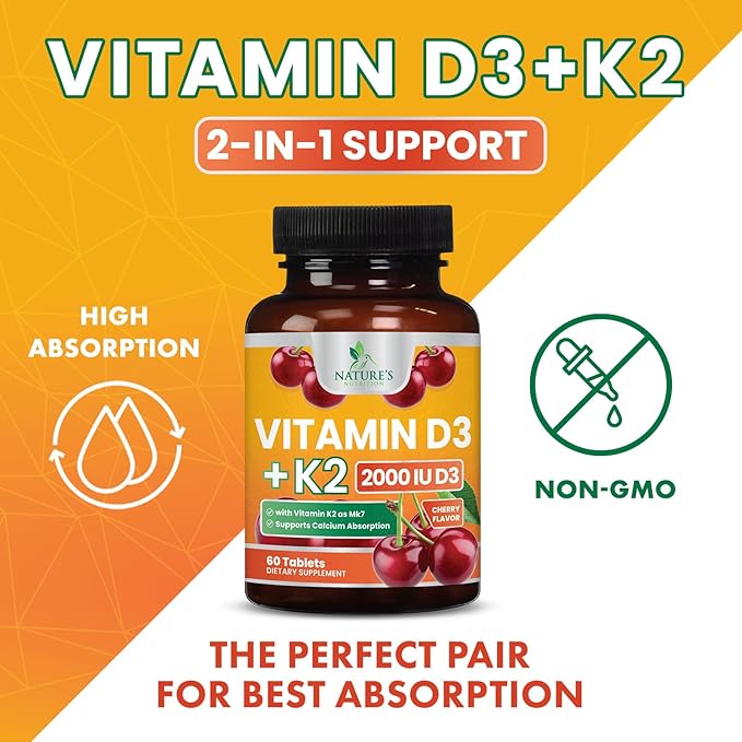 Vitamin D 2000 IU 50mcg Per Tablet - Vitamins D3 & K2 (MK7) Complex Supplement for Bone, Teeth, Muscle, Calcium Absorption, Supports Immune & Heart Health, Chewable Formula USA Bottled - 60 Tablets