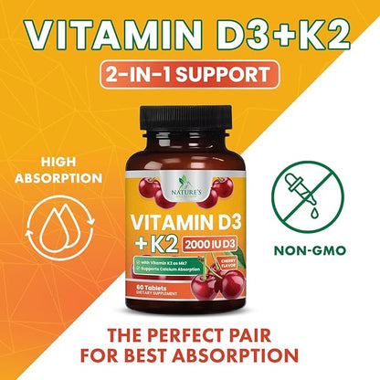 Vitamin D 2000 IU 50mcg Per Tablet - Vitamins D3 & K2 (MK7) Complex Supplement for Bone, Teeth, Muscle, Calcium Absorption, Supports Immune & Heart Health, Chewable Formula USA Bottled - 60 Tablets