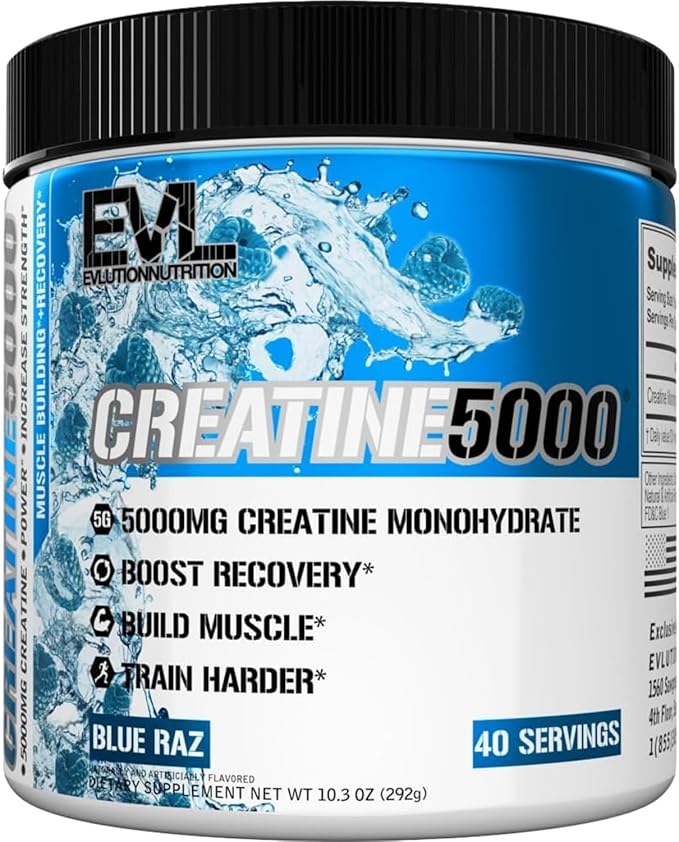 Evlution Nutrition Creatine 5000 - Supports Faster Recovery, Lean Muscle Growth & Performance - Pre & Post Workout Powder - 5000mg Pure Creatine Monohydrate Per Serving - 40 Servings - Blue Raz