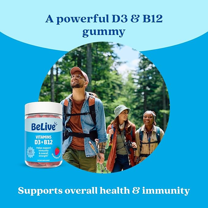 BeLive Vitamin D3 Gummies with B12 Vitamins - Immune Support Gummies with Vegan Vitamin B12 & D3, Provides Enhanced Bone & Muscle Strength, Hearth Health and Energy - Strawberry Flavor | 2-Pack