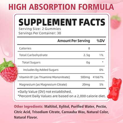 Vitamin B1 Gummies 500mg for Adults & Kids, Thiamine B1 Supplement with Magnesium, Vitamin B1 Supplement for Nervous System Supports & Boost Energy, Raspberry Flavor, 60 Count