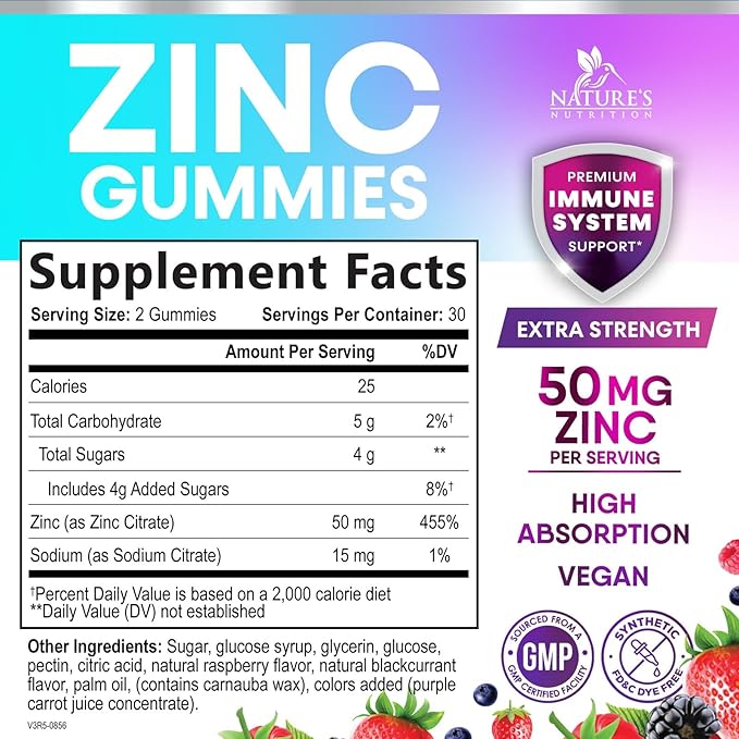 Zinc Gummies - 50mg Zinc Per Serving Immune Skin & Bone Support Health Gummy - Premium Antioxidant Chewable, High Absorption Vegan, Best Supplements Vitamin for Adults, Tasty Berry Flavor, 60 Gummies