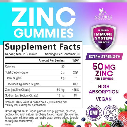 Zinc Gummies - 50mg Zinc Per Serving Immune Skin & Bone Support Health Gummy - Premium Antioxidant Chewable, High Absorption Vegan, Best Supplements Vitamin for Adults, Tasty Berry Flavor, 60 Gummies