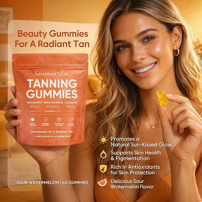 Savanna Skin Tanning Gummies, with Vitamin C & E, Astaxanthin, Beta Carotene & Lycopene Blend, Natural Looking Glow, Bronzing, Radiant Healthy Skin, Non-GMO, Vegan & Sugar-Free, 60 Gummies