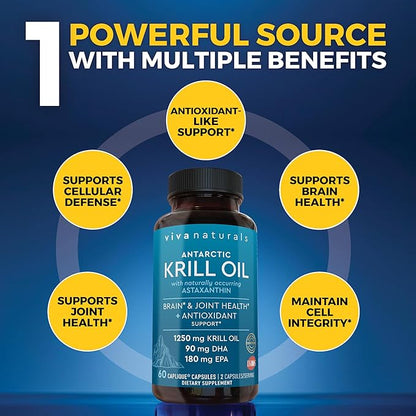 Viva Naturals Antarctic Krill Oil Omega 3 Supplements 1250 mg - DHA EPA Omega-3 & Astaxanthin Concentration for Joint Health, No Fish Burp - 60 Krill Oil Capsules