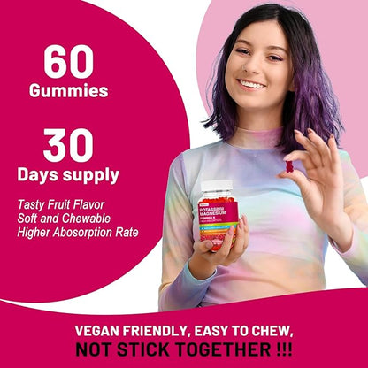Potassium Magnesium Gummies - Magnesium Glycinate B6,D3 & Potassium Citrate for Leg Cramps,Muscle,Electroyte for Adults Kids,Sugar-Free - 60 Raspberry Gummies