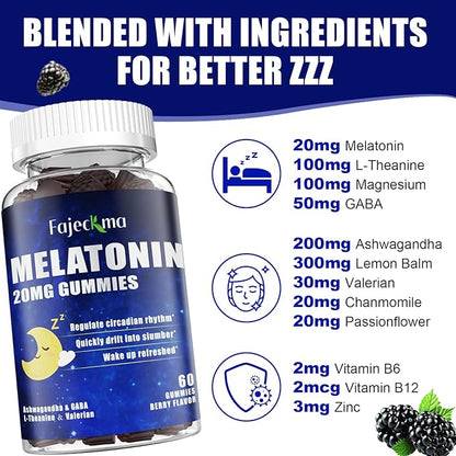 Natural Melatonin 20mg Gummies for Adults: Sugar Free Chewable Supplement with Magnesium Ashwagandha L-Theanine GABA Valerian Root Vitamin B12 Gummy - for Women Men Deep Zzz Immune Support(120Count)