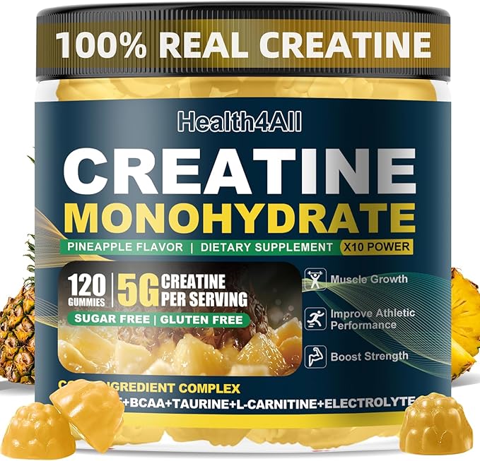 Health4All Creatine Monohydrate Gummies 5g for Men & Women, Creatine Gummy for Strength Energy & Muscle Growth Support Pre-Workout Supplement - Pineapple 120 Gummy