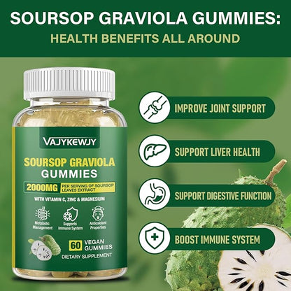 Soursop Graviola Gummies - 2000mg Extra Strength Soursop Leaves Extract, Vitamin C, Zinc & Whole Natural Food for Immunity, Vegan, 60 Gummies