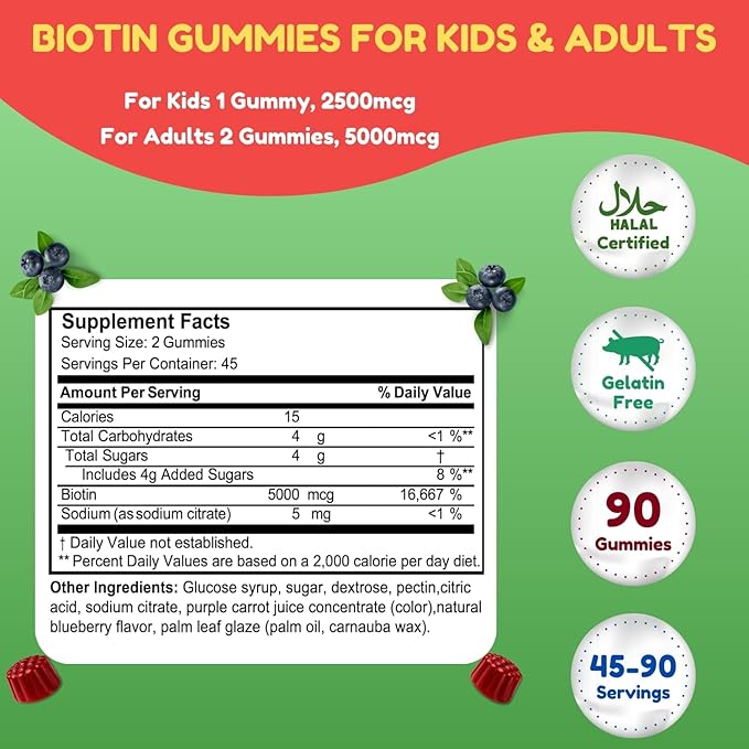 SHIFAA NUTRITION Vegan Biotin Gummies for Adult & Kids | 90 Gummies | 5000 mcg 45 Servings | Non-GMO | Gluten, Gelatin, Peanuts, Egg & Dairy Free | Biotin Gummy Vitamins for Hair, Skin & Nails Halal