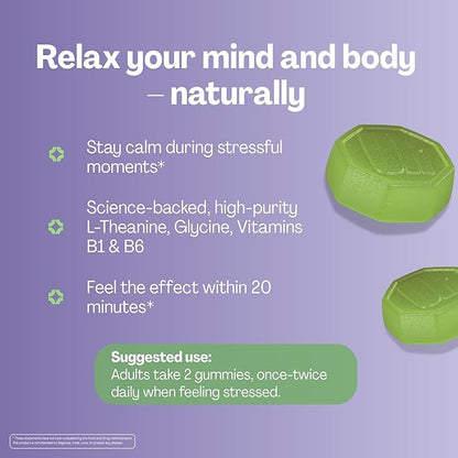 URVI® Neuro Gummies – 500mg Glycine, 150mg L-Theanine (high Potency), Vitamins B1 & B6 for Rest & Sleep, Relaxation, Calm Focus, Stress Relief – Caffeine- & Sugar-Free– Green Tea & Apple – 60 Count