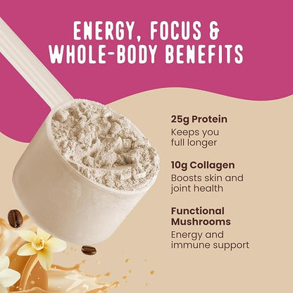 FlavCity All in One Protein Shake Powder, Vanilla Latte - 60mg Caffeine + Collagen Peptides, Reishi & Cordyceps - Focus, Skin, Hair & Joint Support - 100% Grass Fed Whey, 20 Servings