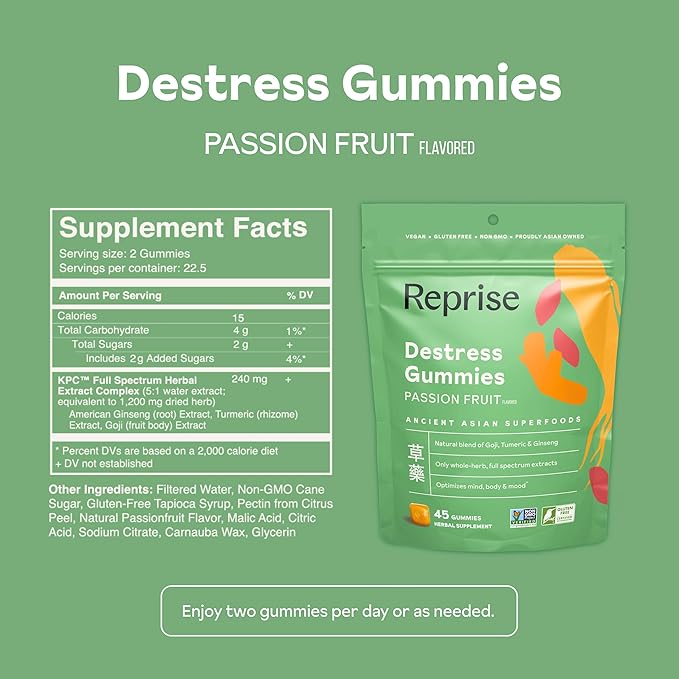 De-Stress Gummies with American Ginseng, Turmeric, and Goji - Assist with Stress Relief & Mood Boost, All-Natural Relaxation, Low-Sugar, 45 Vegan Gummies, Passion Fruit (Pack of 1)