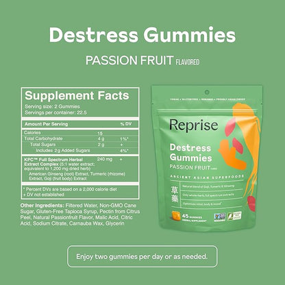 De-Stress Gummies with American Ginseng, Turmeric, and Goji - Assist with Stress Relief & Mood Boost, All-Natural Relaxation, Low-Sugar, 45 Vegan Gummies, Passion Fruit (Pack of 1)