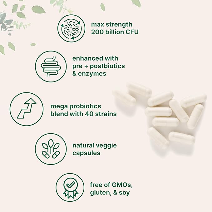 Micro Ingredients Probiotics 200 Billion CFU, 120 Veggie Capsules | Mega Probiotics for Men & Women | 40 Strains with Prebiotics, Postbiotics & Digestive Enzymes | Gut, Immune & Digestive Health