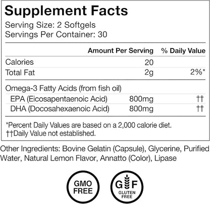 Momentous Omega-3 Fish Oil - High-Potency EPA & DHA Supplement for Men & Women - Supports Heart, Joint, & Brain Health - NSF Certified for Sport - Non-GMO - Gluten-Free - 1,600 mg - 30 Servings